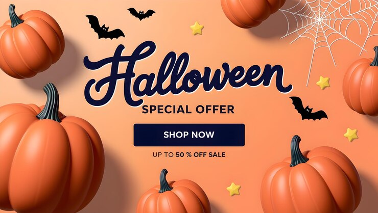 póster de venta de halloween con calabazas en la parte superior y un fondo negro