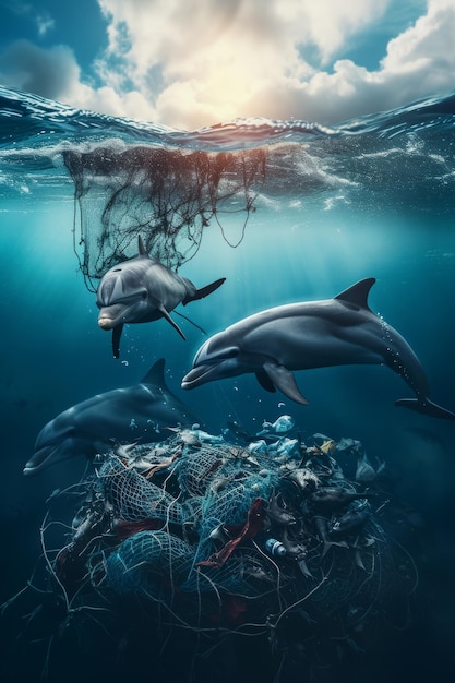 Poster vertical com golfinhos nadando em torno de uma rede de pesca quebrada no mar poluição oceânica e ra