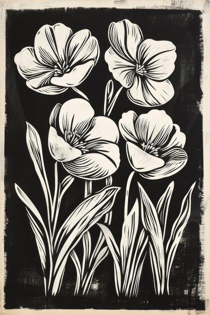 Poster vertical de flores y plantas pintadas en acuarela y tinta al estilo linocuto