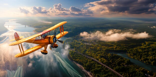 Foto poster de viajes aéreos retro tarjeta de aventura vintage vuelo en un avión retro sobre el valle del río grande