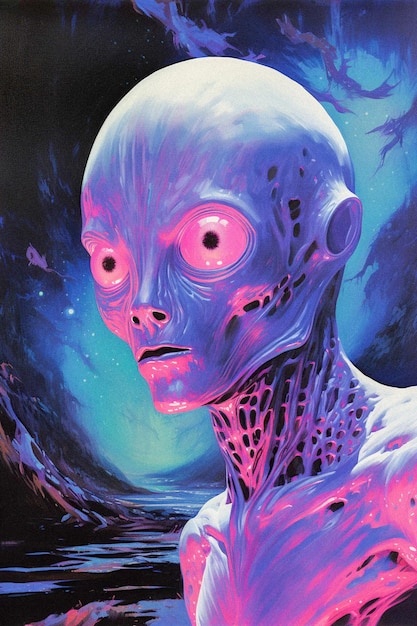 Pôster vintage Neon Alien Revival com talento extraterrestre e textura granular IA generativa
