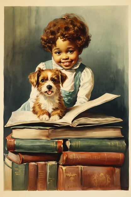 Poster vintage con un niño lindo feliz y su perro ilustración de alta calidad