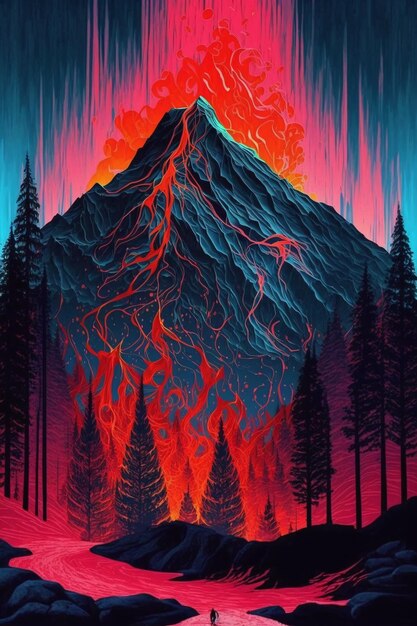 Un póster de un volcán con un fondo rojo y azul.