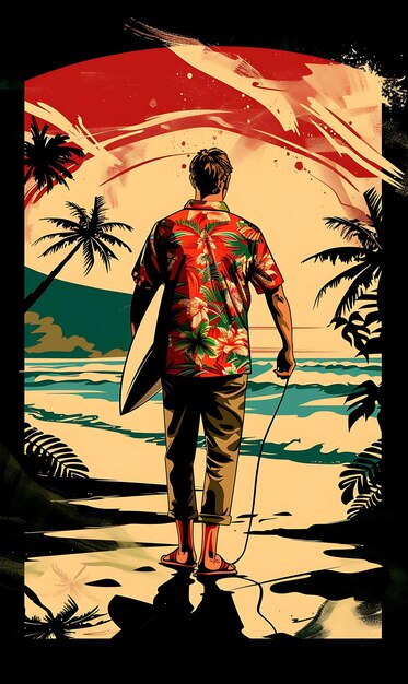 Poster von einem Mann in einem hawaiianischen Hemd, der ein Surfbrett hält Tropische Strand-I-Collage-Outline-Banner-Flyer