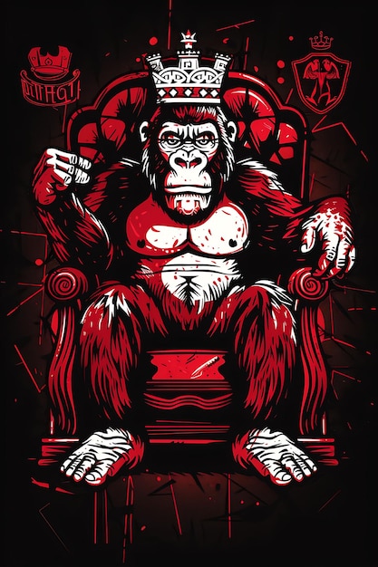 Poster von Gorilla sitzend auf einem Thron mit einer Krone Posterdesign mit Collage-Outline Banner Flyer