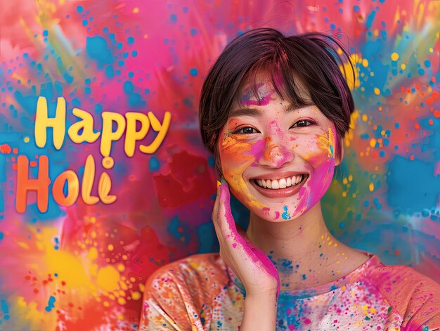 Poster zum Holi-Festival Lächelnde Frau mit Happy Holi-Text