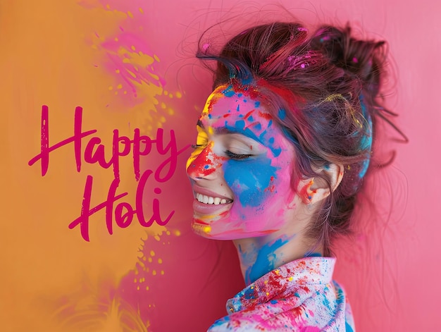 Poster zum Holi-Festival Lächelnde Frau mit Happy Holi-Text