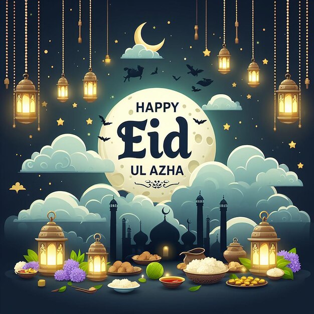 Poster zur Feier des Eid ul Azha mit Laternen, Mond und Wolken