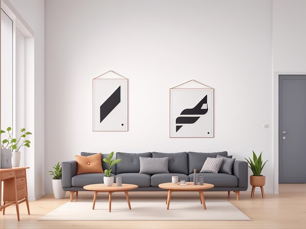 Posterrahmen-Attrappe im minimalistischen, modernen Wohnzimmer-Interieurhintergrund im skandinavischen Stil, 3D-Rendering