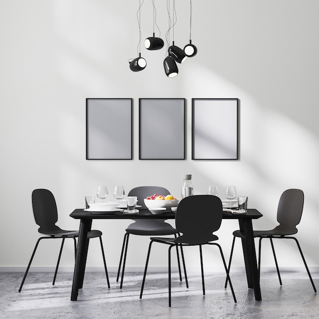 Posterrahmen im modernen Esszimmer mit schwarzem Tisch und Stühlen und weißer Wand mit Sonnenstrahlen, Betonboden, minimalistischem Stil, skandinavisch, 3D-Rendering