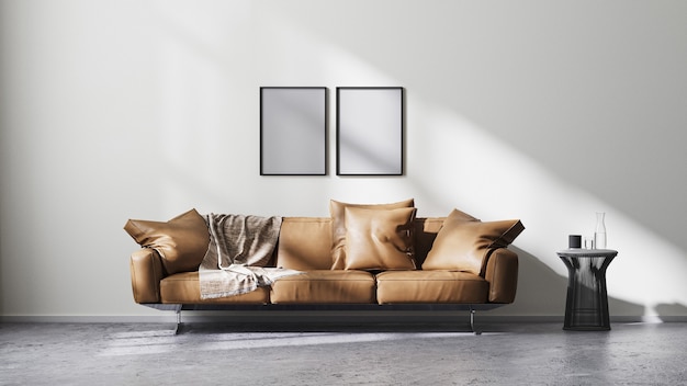 Posterrahmen im modernen Wohnzimmer mit weißer Wand und Sonnenstrahlen, braunem Ledersofa und schwarzem Design-Couchtisch auf rohem Betonboden, skandinavischer minimalistischer Stil, 3D-Rendering