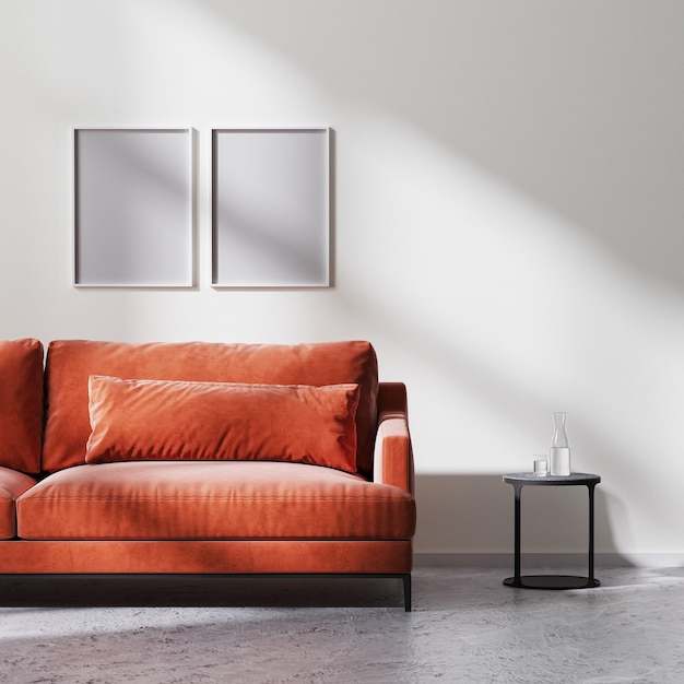 Posterrahmen mit rotem Sofa, schwarzer Couchtisch mit weißer leerer Wand mit Sonnenstrahlen, roher Betonboden, skandinavischer minimalistischer Stil, 3D-Rendering