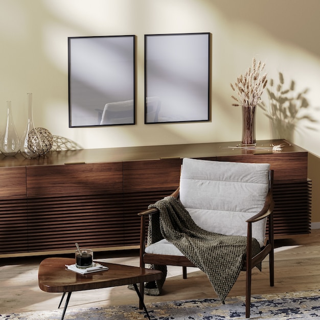 Posterrahmen Mock-up im Wohnzimmer, gemütlicher Sessel mit Couchtisch und Dekoration, Wohnumgebung, Inneneinrichtung, 3D-Rendering