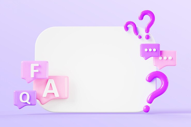 Foto pósters en blanco 3d con burbujas de voz de preguntas frecuentes que representan el icono de preguntas y respuestas de redes sociales plantilla de banner con cuadros de diálogo de mensajes de chat y señales de preguntas en fondo púrpura