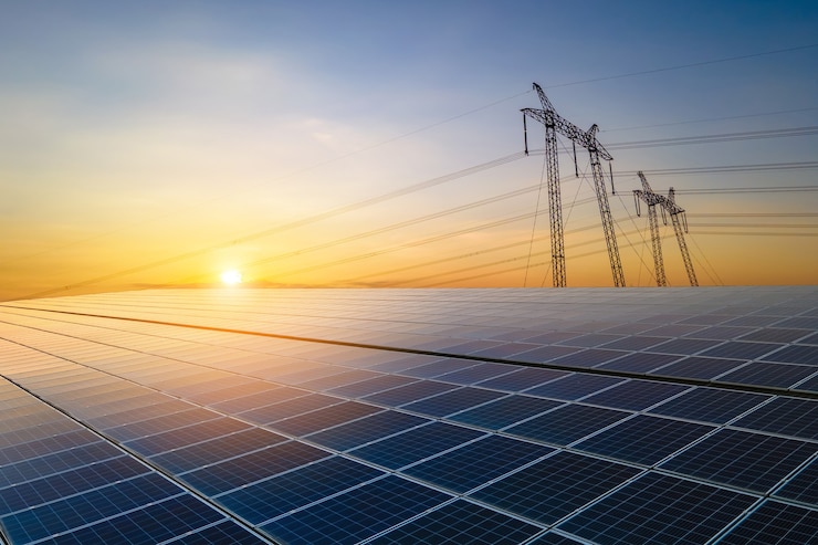 Foto postes de alta tensão com linhas de energia elétrica transferindo eletricidade da energia solar fotovoltaica são vendidos ao nascer do sol. produção do conceito de energia sustentável.