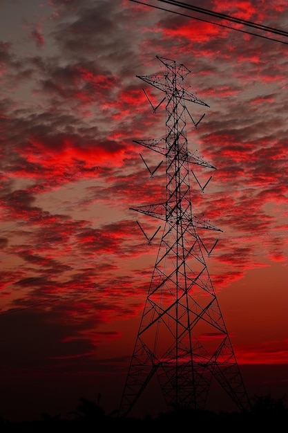 Postes elétricos contra o pano de fundo do sol da tarde.