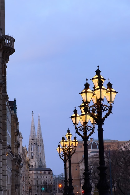 Foto postes de lámparas históricas adornadas fuera de rathaus vienna, o el ayuntamiento de viena en la noche.