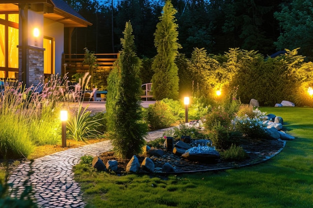 Los postes de luz iluminaron el jardín del patio trasero durante las horas nocturnas Sistemas modernos de iluminación al aire libre del jardín trasero