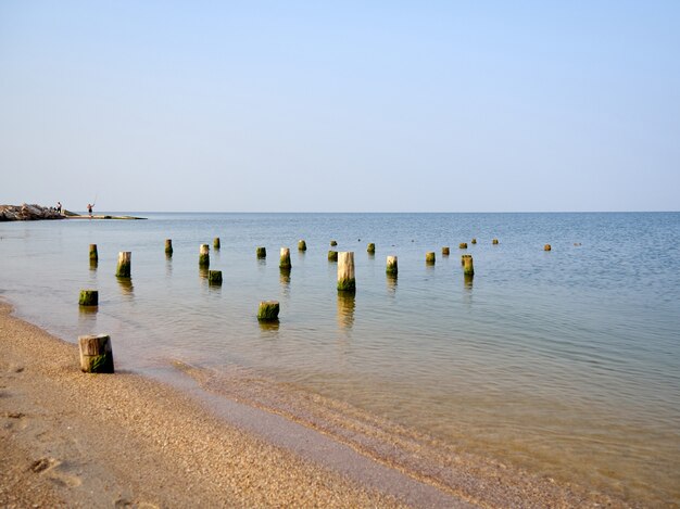 Postes de madera y cáñamo en el agua en la costa del mar