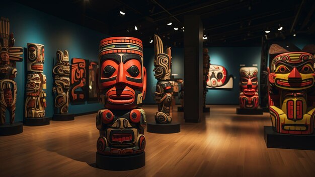 Los postes de tótem tradicionales en una exposición de museo débilmente iluminada