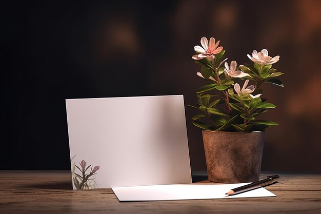 Postkarten- oder Einladungsvorlage auf dem Tisch mit Blumenschatten und dunklem Hintergrund