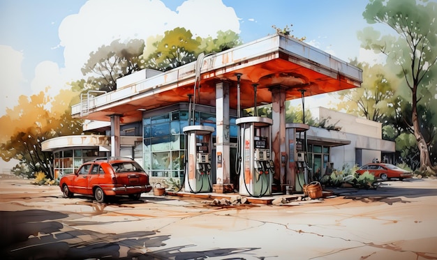 Foto posto de gasolina antigo em aquarela na paisagem rural foco suave seletivo