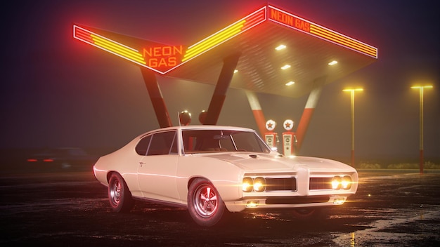 Posto de gasolina de néon e carro retrô Vintage cyberpunk auto Chuva de neblina e noite Reflexões vibrantes de cores no asfalto ilustração 3D