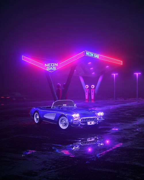 Posto de gasolina de néon e carro retrô vintage cyberpunk auto chuva de neblina e noite reflexões vibrantes de cores no asfalto ilustração 3d