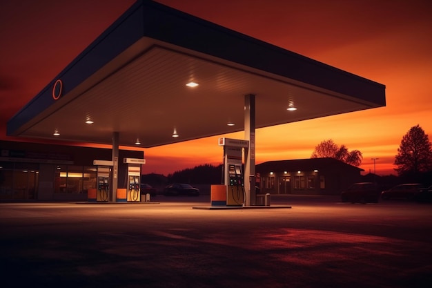 Posto de gasolina e gasolina ao pôr do sol