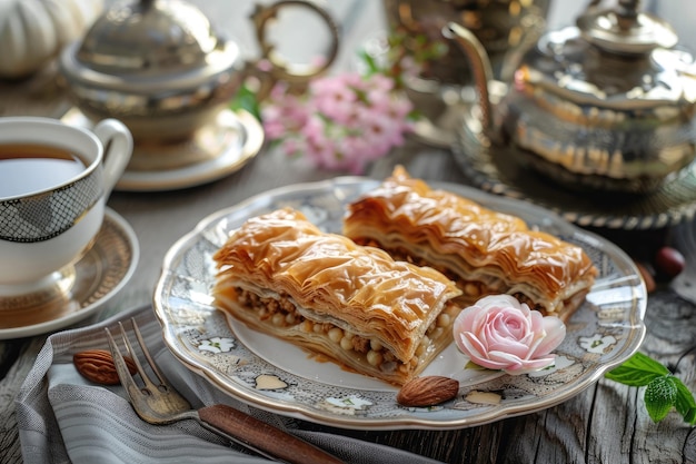 Postre árabe tradicional Baklava con miel y nueces