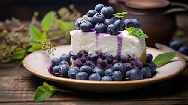 Postre de arándanos frescos sobre una mesa de madera rústica perfecta