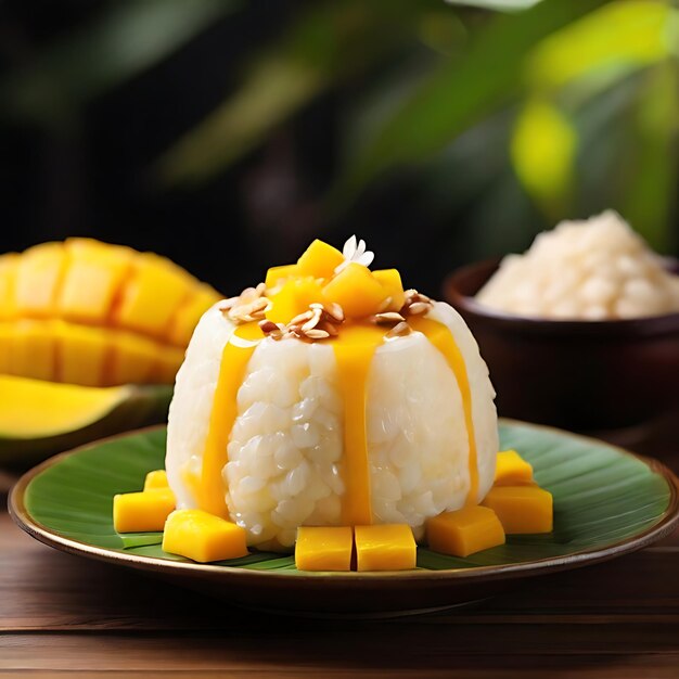 El postre de arroz pegajoso de mango