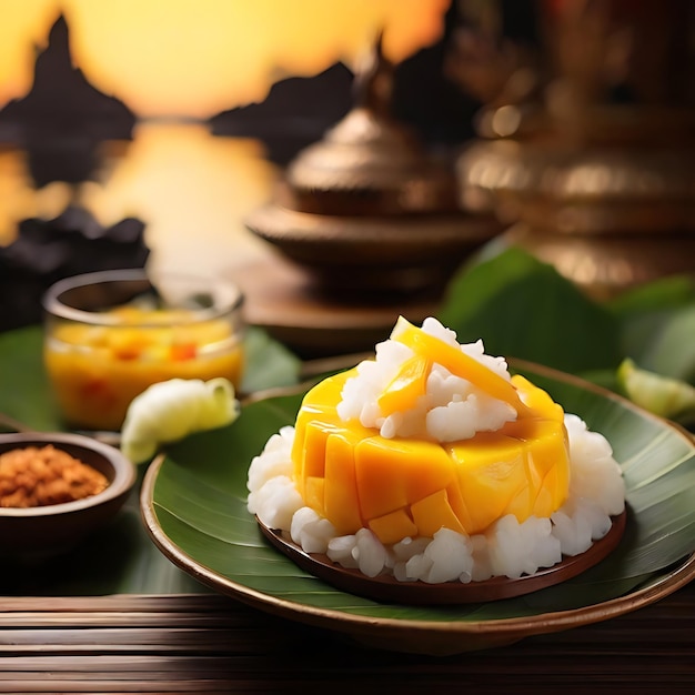 El postre de arroz pegajoso de mango
