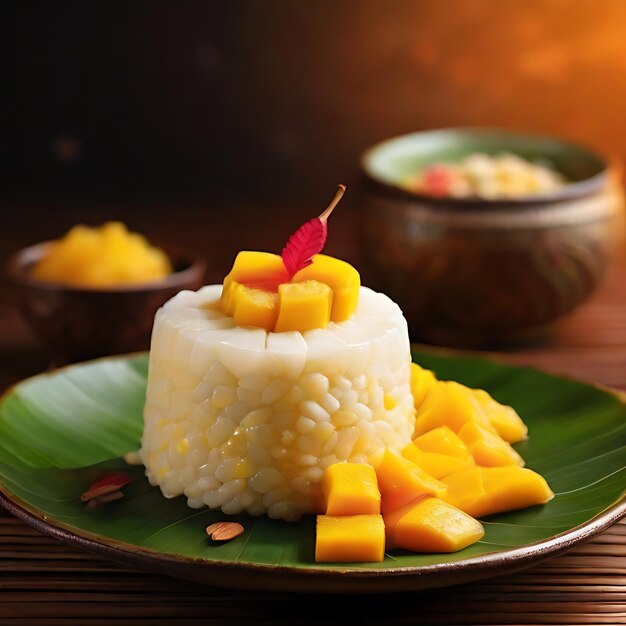 Foto el postre de arroz pegajoso de mango