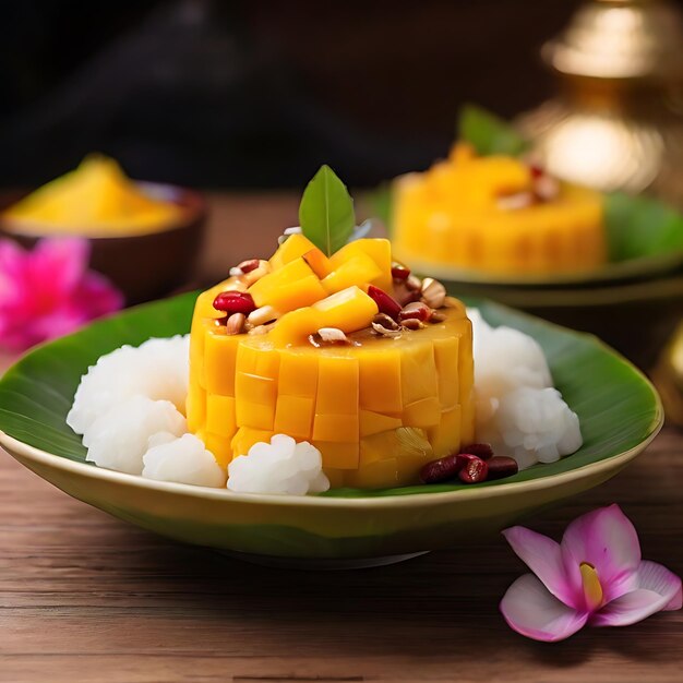 Foto el postre de arroz pegajoso de mango