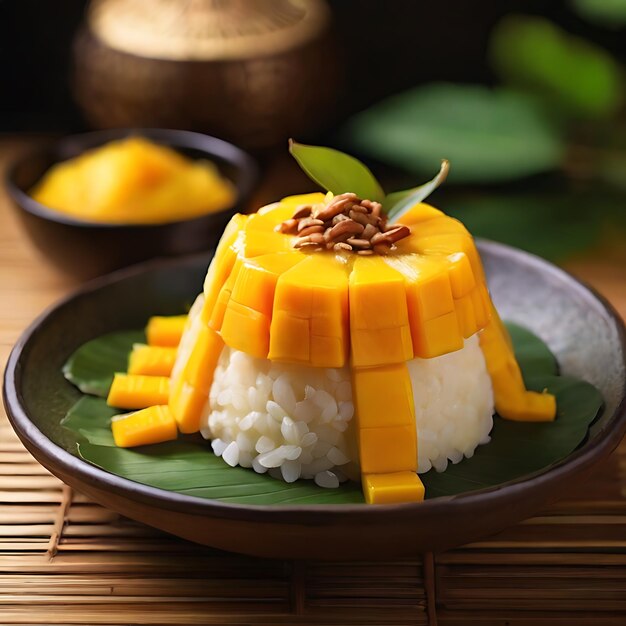 El postre de arroz pegajoso de mango