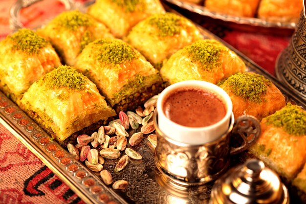 Foto postre de baklava con jarabe de oriente medio