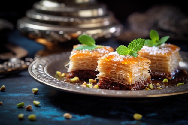 Foto postre de baklava con nueces y miel