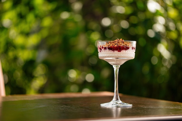 Postre de baya de granola en un vaso de fantasía