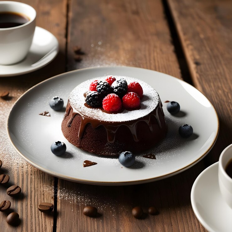 un postre con bayas en él se sienta en un plato con una taza de café