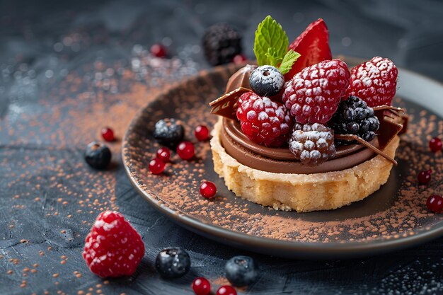 un postre con bayas y frambuesas en un plato