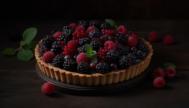 Postre de bayas frescas en mesa de madera indulgencia generada por la IA