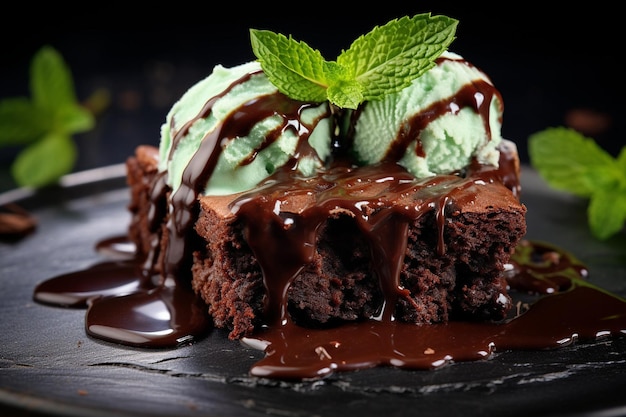 Postre de brownie con menta y salsa de chocolate