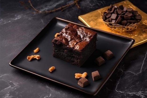 El postre de los brownies de chocolate en la mesa.