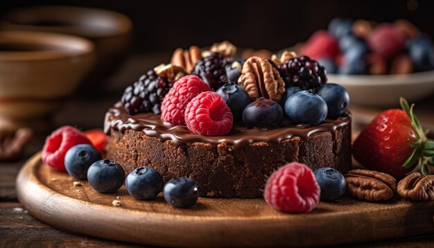 Postre casero Brownie de chocolate negro con decoración de bayas frescas generada por inteligencia artificial