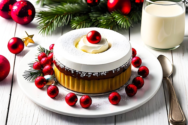 Postre casero de Navidad y decoración navideña en mesa de madera blanca