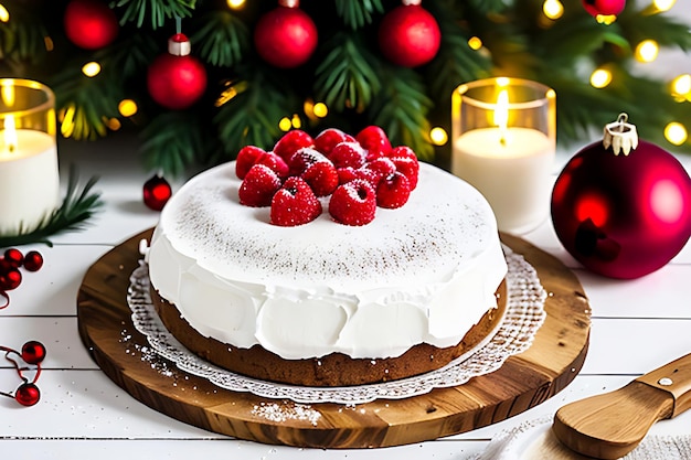 Postre casero de Navidad y decoración navideña en mesa de madera blanca