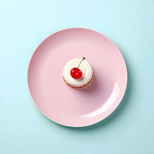 Postre con una cereza en el plato minimalismo de alta calidad