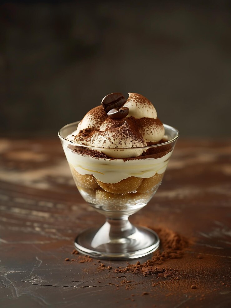un postre con chocolate y crema encima