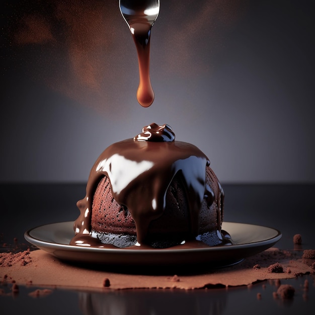 Un postre de chocolate con una cuchara vertiendo salsa de chocolate sobre él